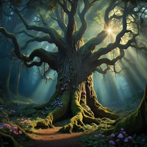 Mystical Forest with Enchanted Tree: A dense, mystical forest with sunlight filtering through the canopy, creating a tapestry of light and shadow. In the heart of the forest, (a gigantic, ancient tree stands:1.50), its trunk twisted and roots sprawling, as if alive with magic. Around it, the air seems to shimmer with an ethereal glow, and the ground is carpeted with a myriad of colorful, luminescent flowers.