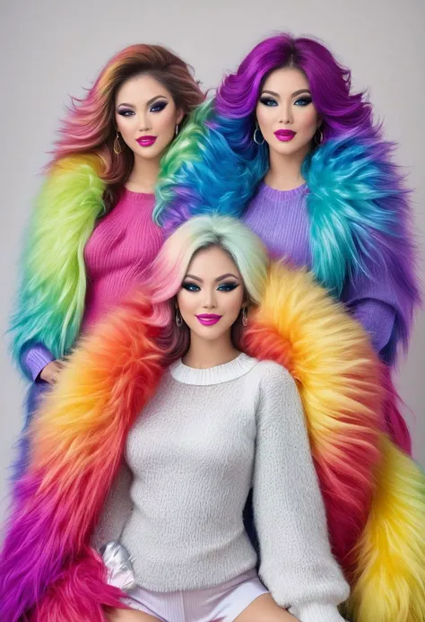 Full body photograph of a smiling (beautiful:3.9) 2 womans. Luxury expensive fur-like mohair sweaters (fuzzy:1.5) sweaters, (fluffy:1.5) sweaters, (shaggy:1.5) sweaters and (long hairy:4.9) sweaters with (cowl-neck:1.9) sweaters. Long wavy hairs. (voluminous puffy hairs:3.1). (Iridescent rainbow color hairs:3.2). (Iridescent rainbow color sweaters:3.8). Long boots over the knee with high heels and (fur trimmed:2.5). (Fur trimmed:2.8) sweaters. (Smoked eyes:3.2) makeup. Bold long (eye liner:3.2). (Long fluffy lashes:3.2). (Blue eyes:2.7) and (red lips:2). Smiling and showing (well arranged white teethes:2.8). (Big boobs:1.7). Cozy atmpsphere outside of log cabin with expensive (fox fur carpet:2.4). The women staying in front of window and the view is heavy snowing