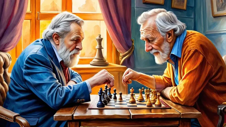 watercolor painting a battle of wits of the game chess between two old men, vibrant, beautiful, painterly, detailed, textural, artistic