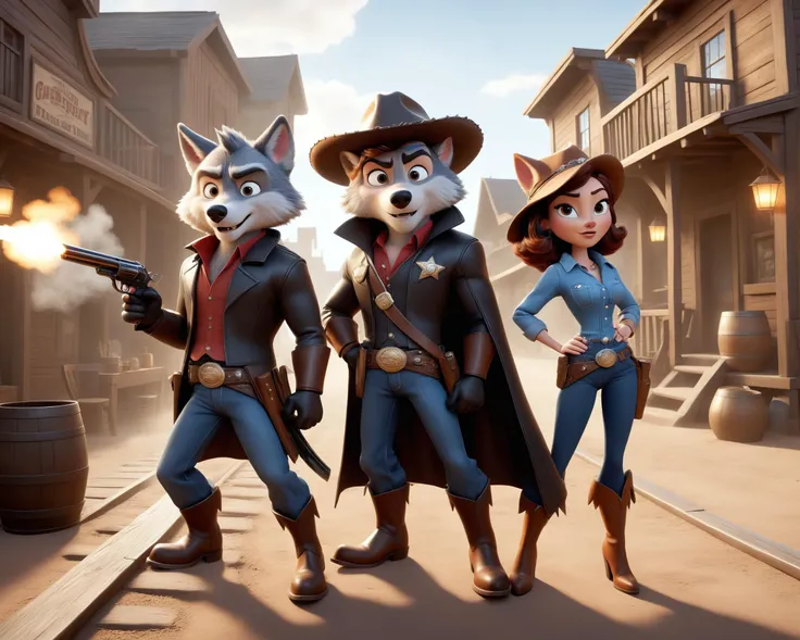 couple an anthropomorphic wolfs dressed as a cowboy in a wide-brimmed hat, a cigarette in his mouth and a sly look posing for a photo with a shotgun, pointing it at the viewer, in the background there is a saloon and a deserted cowboy town, cartoonish, 3d style, pixar rendering, cartoon style, 3d style, doll style, Pixar rendering, funny, professional, 4k, (highly detailed), dynamic fighting pose,,natural pose, raw, 32k uhd, dslr <lora:sdxl_lora_dream:0.85>