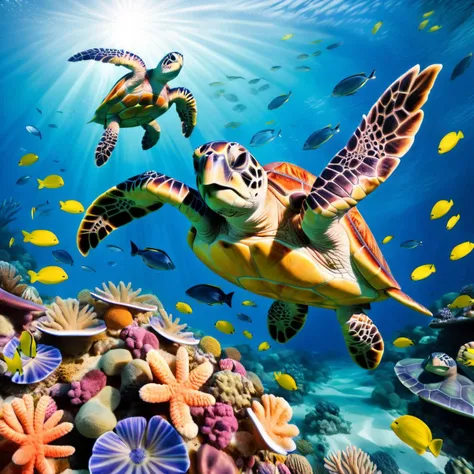 Coral Reef Under the Sea: An underwater paradise in a coral reef, teeming with colorful marine life. In the center, (a majestic sea turtle swims leisurely:1.50), its shell pattern blending with the vivid colors of the corals. Fish of all shapes and sizes dart around, creating a lively and enchanting underwater landscape.