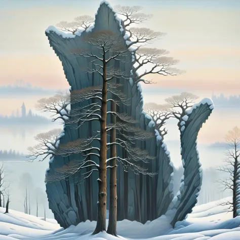 winter landscape, Caspar David Friedrich romantic style, muted colors, snowy trees, frozen lak