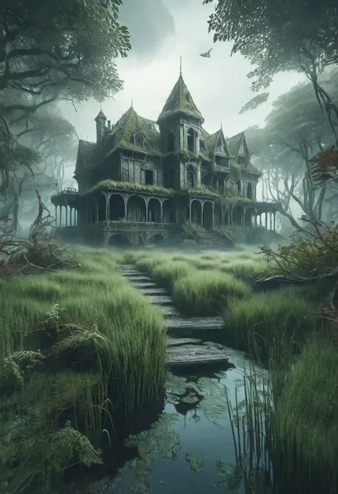hd, 8k, masterpiece, award winning illustration of an abandoned mansion covered with grass in a swamp, dungeons and dragons style, fantasy, group of adventurers outside, intricate details, heroic fantasy, spooky, fandist, GhostlyStyle