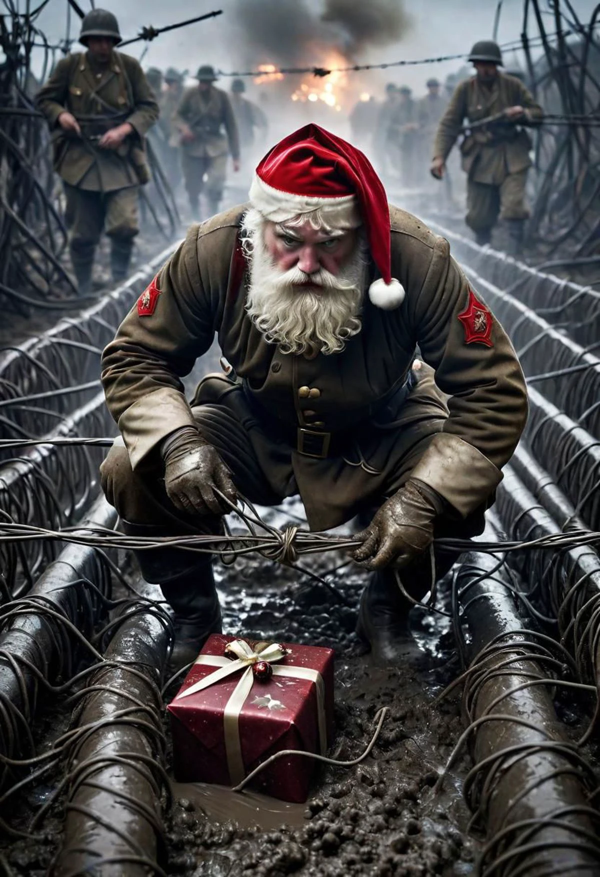gritty photograph of stained and bloodied Santa crawling in the mud under tangled razor wires in the noman's land of world war one, tangled messy razor wires, wrapped gift in hands, intensely focused expression, photo journalism, hyper realistic, nigthtime, mud craters, soldiers bodies on the ground, the night is illuminated by (multiple artillery shells exploding), fog and smoke, mud is littered by empty shells, broken riffles, broken shovel and leather boots