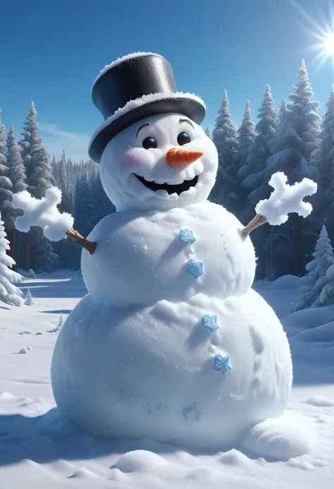 professional breathtaking cinematic still made of snow, outside in a sunlit blizzard ice storm, childish snowman made of snow