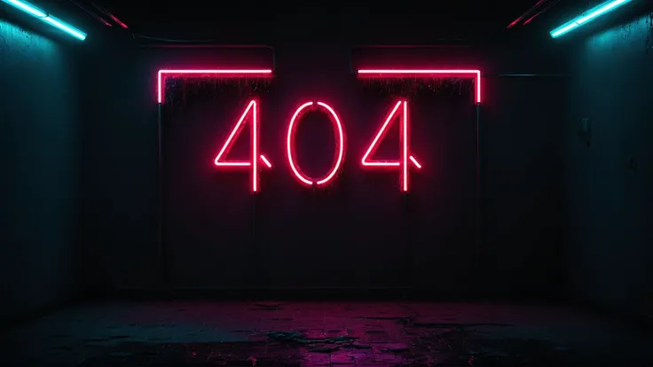 Neon noir (sign "404":1.3), empty room, dust, blood, . Cyberpunk, dark, rainy streets, neon signs, high contrast, low light, vibrant, highly detailed