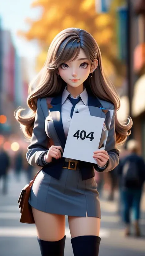 (best quality, masterpiece, colorful, dynamic angle, highest detailed)upper body photo, full body photo, fashion photography of cute 1girl, mature, detective outfit, holding up sign, text "404",  looking at viewer, long hair, bokeh (intricate details, hyperdetailed:1.15), detailed, light passing through hair, (official art, extreme detailed, highest detailed),