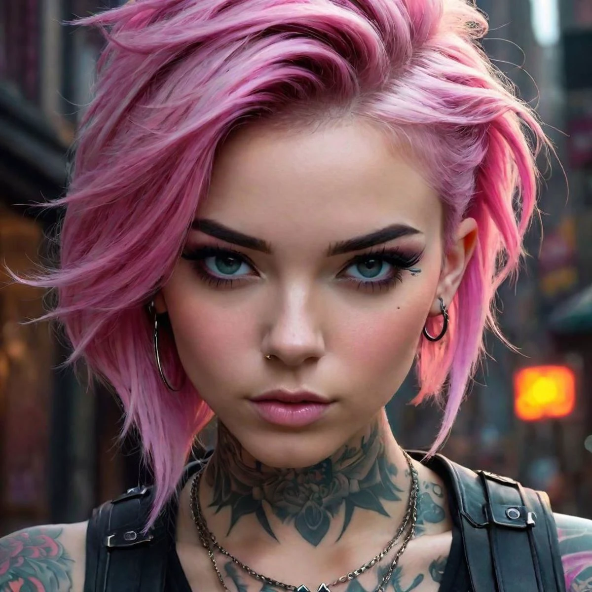 close up portrait of a punk pink hair girl with tattoos, in the style of digital art techniques,, joe madureira, uhd image, dark and brooding designer, michael malm, fantastical street