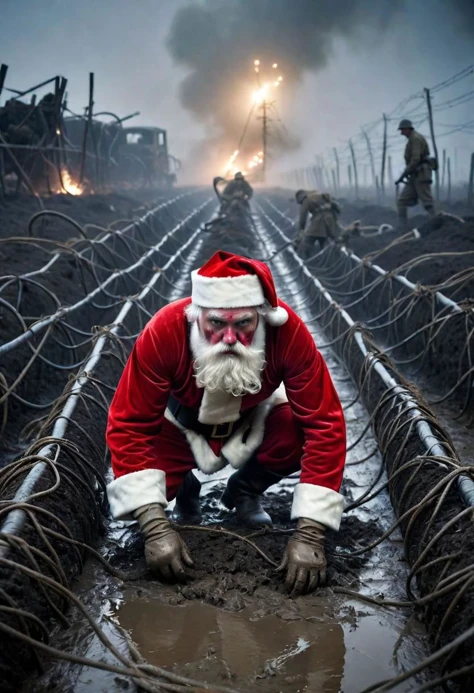 gritty photograph of stained and bloodied Santa crawling in the mud under tangled razor wires in the noman's land of world war one, tangled messy razor wires, wrapped gift in hands, intensely focused expression, photo journalism, hyper realistic, nigthtime, mud craters, soldiers bodies on the ground, the night is illuminated by (multiple artillery shells exploding), fog and smoke, mud is littered by empty shells, broken riffles, broken shovel and leather boots