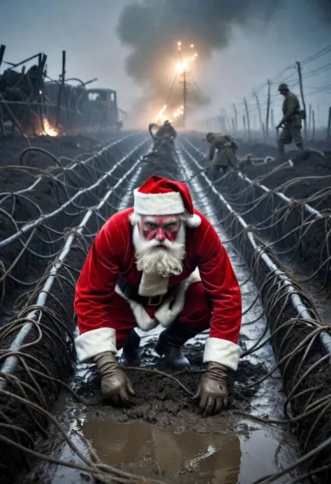 gritty photograph of stained and bloodied Santa crawling in the mud under tangled  razor wires in the noman's land of world war one, tangled messy razor wires, wrapped gift in hands, intensely focused expression, photo journalism, hyper realistic, nigthtime, mud craters, soldiers bodies on the ground, the night is illuminated by (multiple artillery shells exploding), fog and smoke,  mud is littered by empty shells, broken riffles, broken shovel and leather boots