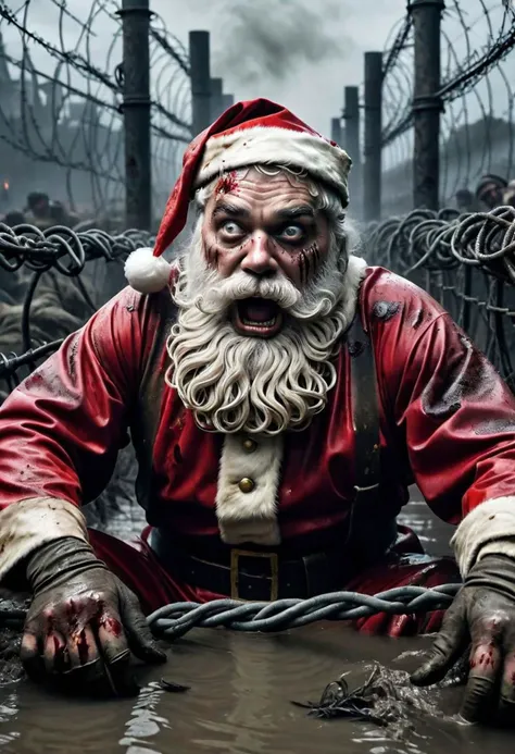night, close up gritty photograph of (enraged stained bloodied Santa) waist deep in mudy waters in a mud crader surrounded by (razor wire) in the noman's land of world war one, photo journalism, barbed wires, hyper realistic, nigthtime, (zombie hands) reaching from underground , multiple (explosions in the sky), fires and fog in the background, a (wrapped gift in the mud)