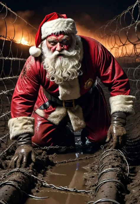 gritty photograph of stained and bloodied Santa crawling in the mud under razor wire in the noman's land of world war one, photo journalism, hyper realistic, nigthtime, mud craters, old corpses, the night is illuminated by multiple artillery shells exploding,