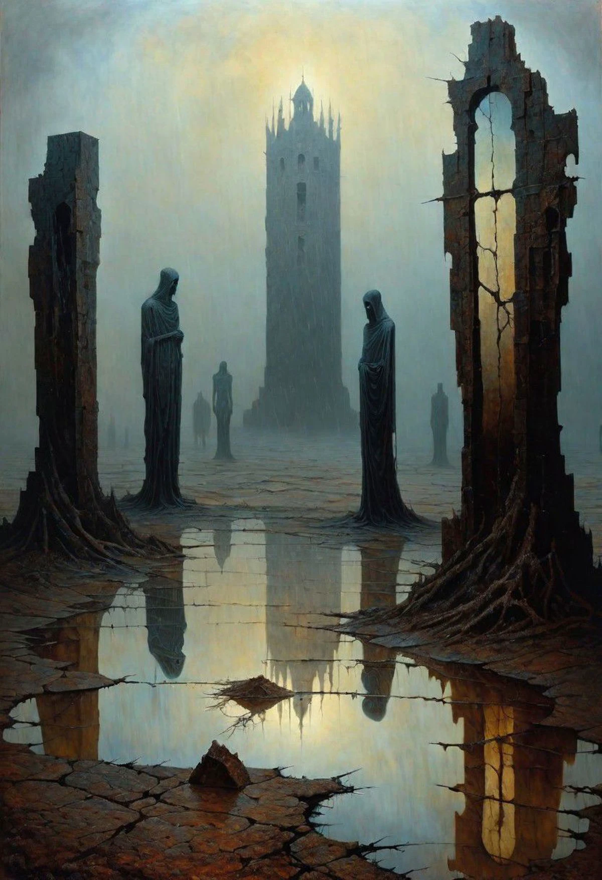 An endless river of figures, trudging through a barren landscape, towards an uncertain future, surreal and melancholic, by zdzislaw beksinski, Rain, , Ruins,Chessboard,Broken mirrors, Ghoulish, (Triadic:1.1), (Proportion:1.1), (Frottage:1.1), (Reflected light:1.2), Parchment, Octagon, ultra detailed, intricate, oil on canvas, dry brush, (surrealism:1.1), (disturbing:1.1), <lora:by_zdzislaw_beksinski_finetuned:0.5>