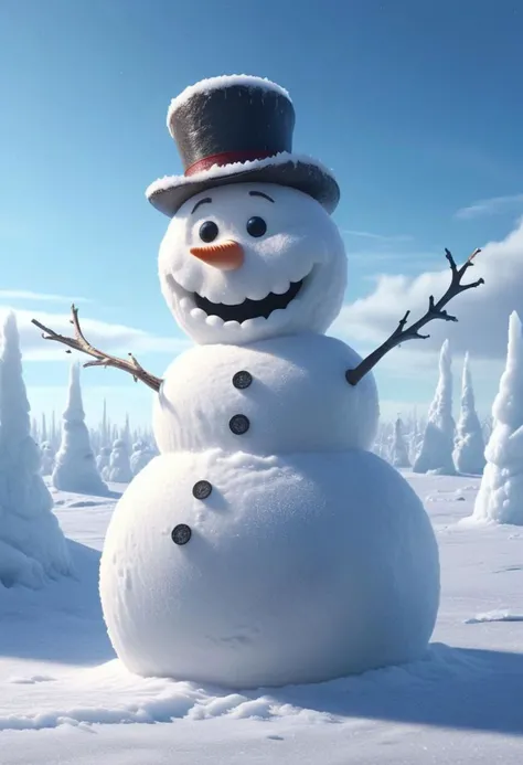 professional breathtaking cinematic still made of snow, outside in a sunlit blizzard ice storm, childish snowman made of snow
