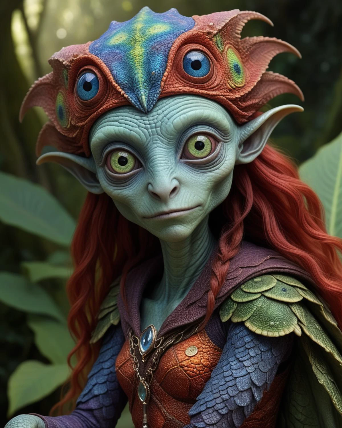 full body shot of full body shot of psychedelic style of A beautiful tander alien female creature with face fully covered lizard scale with fluffy eyes embedded into a canvas,The iris looks weird, attractive, (the eyelid is covered with sparkling lizard scales), The stars in space is reflected in the pupil, goose down eyelashes, long wavy red luminescent hair, sadistic smile:1.1, she is dressed in baggy clothes, sitting on a bench outside the house of dwarves in the setting of the Lord of the Rings, <lora:add-detail-xl:2> ,<lora:sdxl_lora_rustako:0.3>. Whole outfit, clear, sharp, balanced