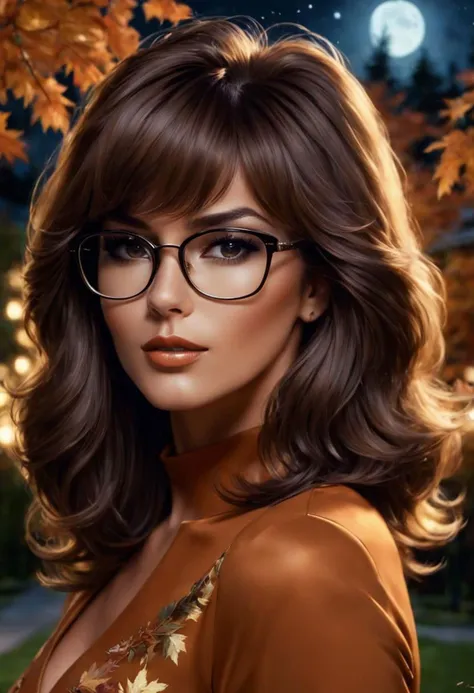 'Art Painting', Velma supermodel, luxury, tanned, closeup from side, straight hair, (big hair:1.7), eyewear, autumn foliage yard trees 'at night', slight smile, hires, 8k, 'Porcellana style'