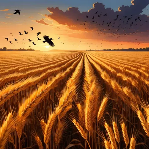Golden Wheat Field at Sunset: A vast field of golden wheat swaying gently in the breeze at sunset. The sun dips low on the horizon, casting long shadows and (a flock of birds takes flight:1.40), silhouetted against the fiery sky. The scene is a picturesque blend of tranquility and the rustic charm of the countryside.