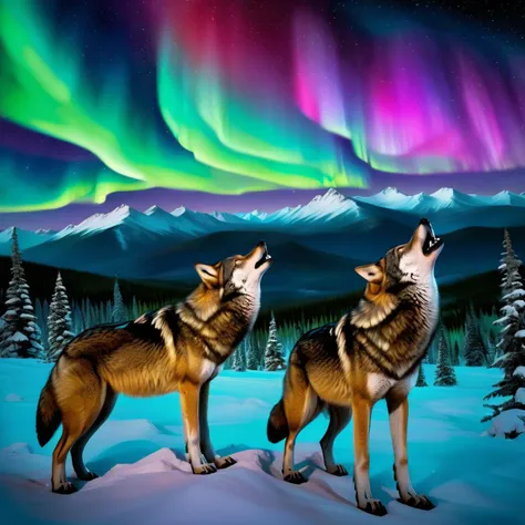 Spectacular Aurora Over a Mountain Range: A spectacular display of the aurora borealis over a snowy mountain range. The lights dance in the sky in an array of vibrant colors, and (a pack of wolves howls in the distance:1.40), their haunting song adding to the magic of the moment. The snow-covered peaks add a sense of majesty to the scene.