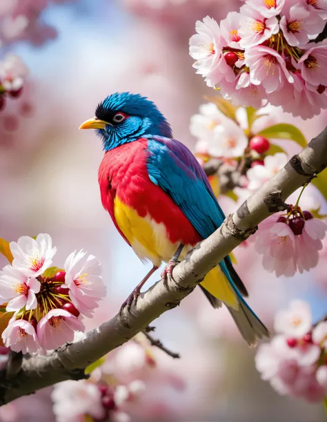 photo bird sitting on the branch of a cherry tree, vibrant colors