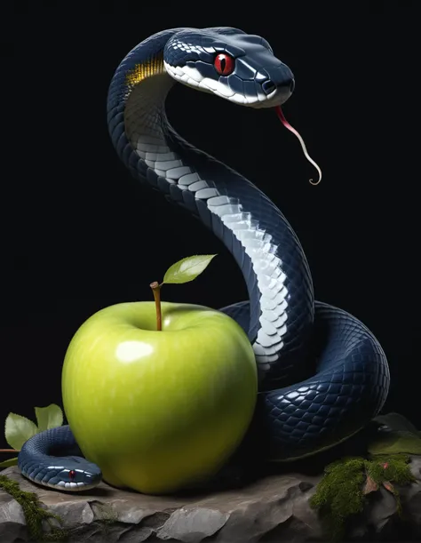 impactful paint of a cute snake near an apple , highly detailed, 8k, sharp, professional, clear, high contrast, high saturated, , vivid deep blacks, crystal clear