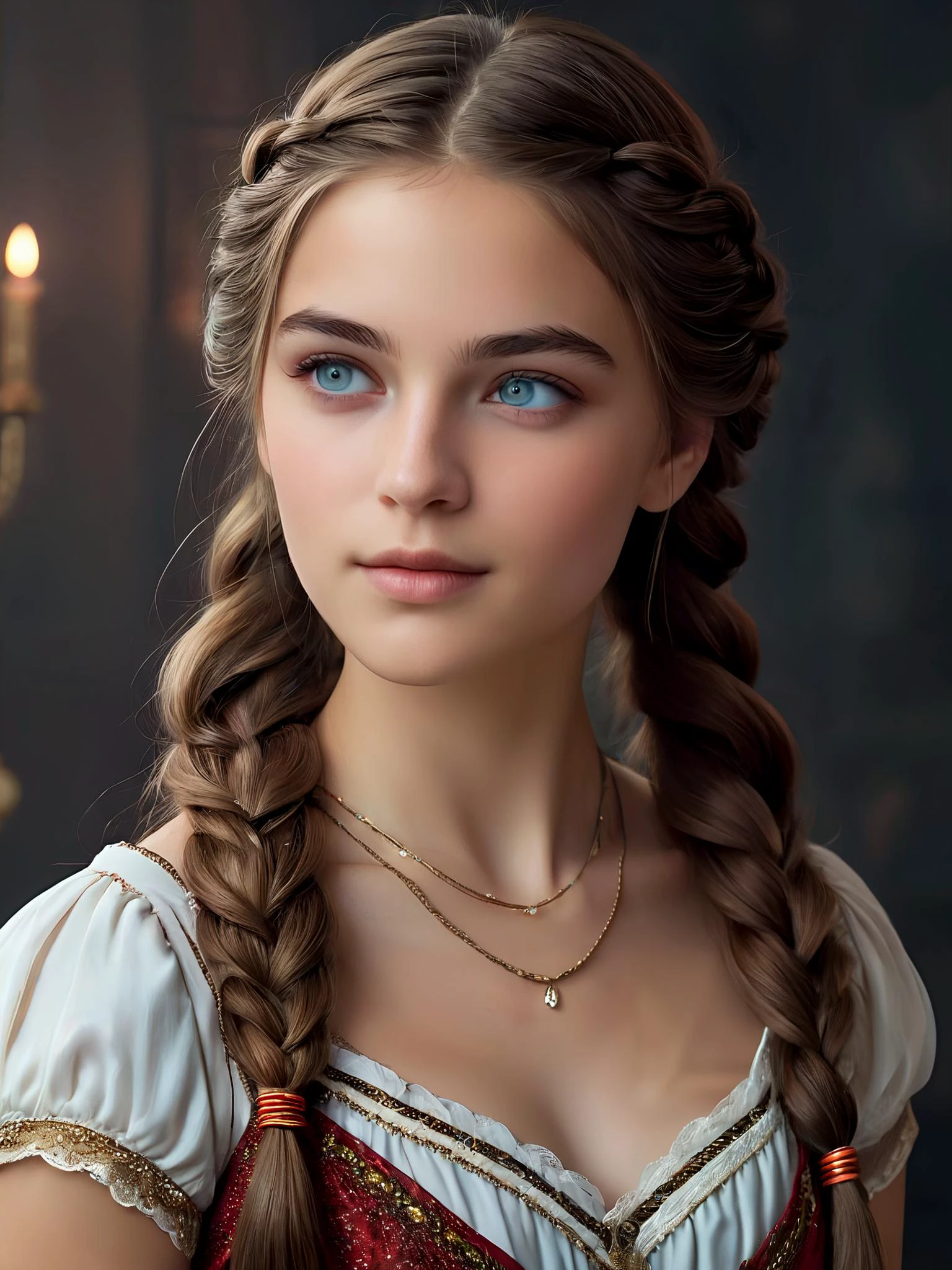 The beauty of a young woman is a wonder to behold. Gaze upon her and behold such sophisticated beauty and wonder why such as hers is not seen elsewhere. Her features are almost divine, lustrous hair, perfect sparkling eyes, gently sloping nose and soft round chin. Realistic face, braided hair, a beautiful maiden, fantasy style, looking at viewer, side view,
24yo,
<lora:RMSDXL_Enhance:0.2>,
<lora:add-detail-xl:0.8>,
<lora:RMSDXL_Darkness_Cinema:0.5>,
<lora:RMSDXL_Photo:0.45>,