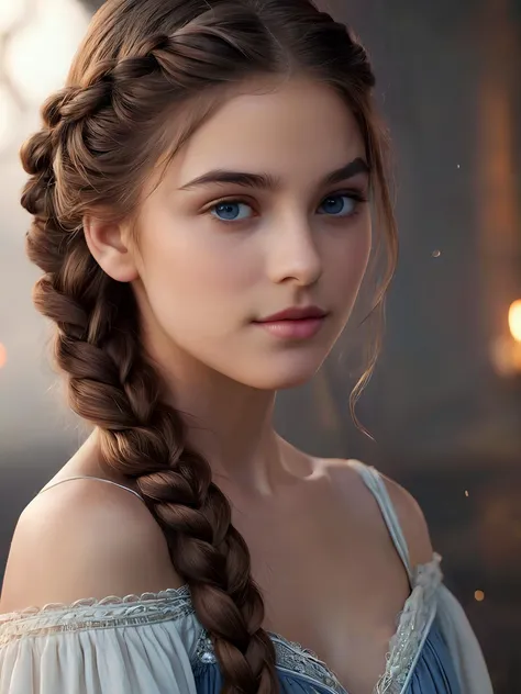 The beauty of a young woman is a wonder to behold. Gaze upon her and behold such sophisticated beauty and wonder why such as hers is not seen elsewhere. Her features are almost divine, lustrous hair, perfect sparkling eyes, gently sloping nose and soft round chin. Realistic face, braided hair, a beautiful maiden, fantasy style, looking at viewer, side view,
24yo,
<lora:RMSDXL_Enhance:0.2>,
<lora:add-detail-xl:0.8>,
<lora:RMSDXL_Darkness_Cinema:0.5>,
<lora:RMSDXL_Photo:0.45>,