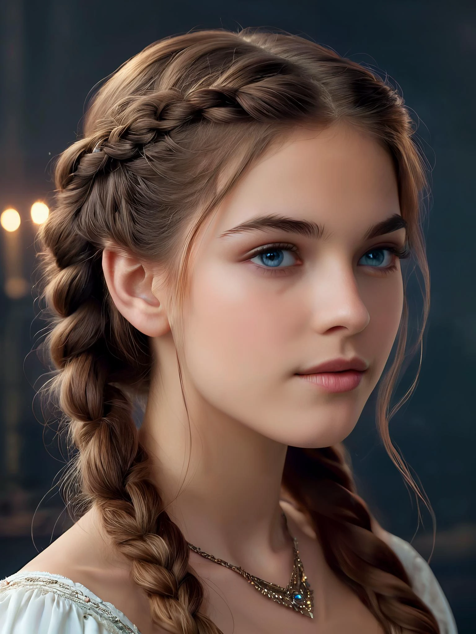 The beauty of a young woman is a wonder to behold. Gaze upon her and behold such sophisticated beauty and wonder why such as hers is not seen elsewhere. Her features are almost divine, lustrous hair, perfect sparkling eyes, gently sloping nose and soft round chin. Realistic face, braided hair, a beautiful maiden, fantasy style, looking at viewer, side view,
24yo,
<lora:RMSDXL_Enhance:0.2>,
<lora:add-detail-xl:0.8>,
<lora:RMSDXL_Darkness_Cinema:0.5>,
<lora:RMSDXL_Photo:0.45>,