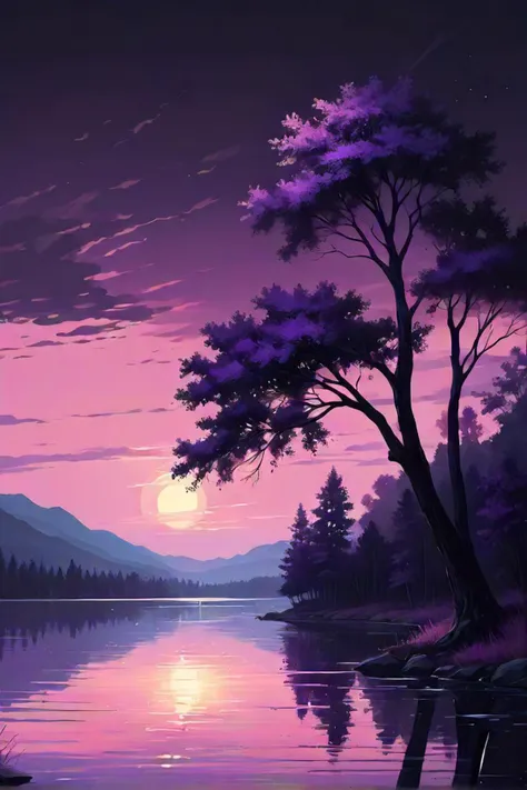 a painting of a purple sunset over a lake with trees, a digital painting by alena aenami, trending on pexels, digital art, nighttime nature landscape, night landscape background, art of alena aenami