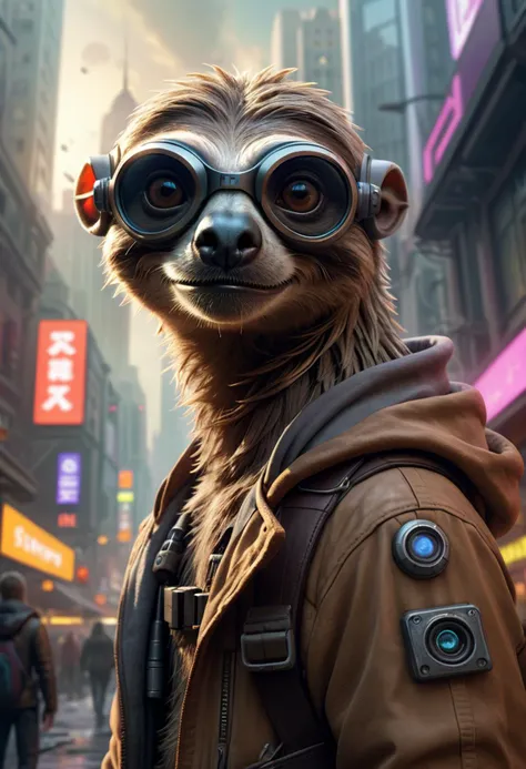 ~*~Cybepunk~*~ HDR FULL BODY VIEW photo of Hyper realistic art Wonderful, intricate, SID the sloth from ICE AGE movie, with cyber goggles some mechanical parts in a Cyberpunk City Street