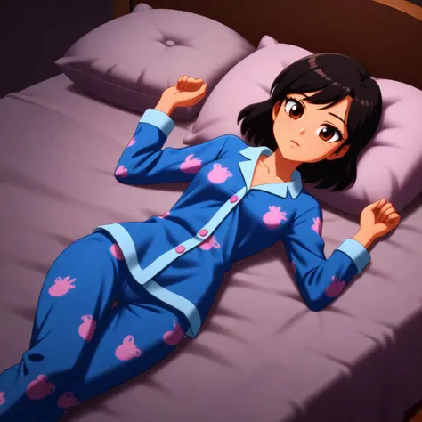 cartoon girl lying in bed, wearing pajamas,
