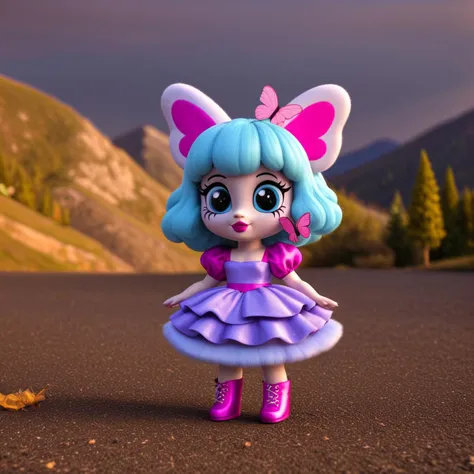 character design,vogue, chibi, 3DMM, 3d, Barbi doll style, Marc Jacobs makeup, butterfly , prada, versace, glamourous, fashion world, fashion, magazine shoot, fluffy puff dress, dreamy glow, extraterrestrial, kitsch outfit, white background , ink, water, mountain, trees, pastel,cotton dof)