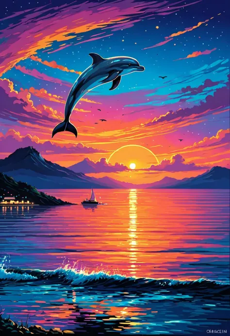 Sunset Over a Serene Ocean: A magnificent sunset painting the sky in vivid shades of orange, pink, and purple, with a tranquil ocean reflecting the dazzling colors. In the foreground, (a solitary dolphin leaps gracefully above the water:1.40), creating ripples that shimmer under the fading light. The horizon is adorned by a distant silhouette of a small sailboat, and the air is filled with a sense of peace and serenity.