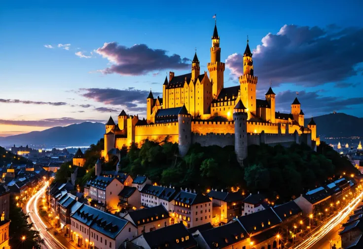 Ancient City at Twilight: An ancient city basked in the soft glow of twilight. The skyline is punctuated by (an imposing, yet elegant castle:1.45), its towers reaching towards the sky, bathed in the last rays of the sun. Cobblestone streets wind through the city, lined with old, charming houses, their windows twinkling with warm light, inviting a sense of historical wonder.