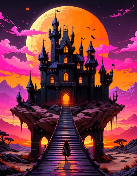 closeup black haunted castle, 8k, at night, on desert dunes, (footbridge:1.0), pink sunset, orange interior,