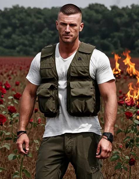 a rugged man in a military vest, stubble, brown buzz-cut hair, wearing thick cargo pants and standing in a burning field of roses.