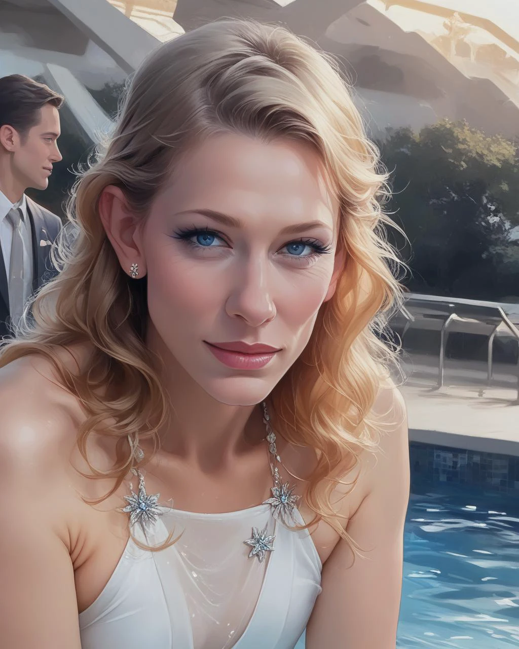 Art deco, Starship deck,pool side, realistic, high resolution, intricate details, detailed face, Hight detailed, masterpiece, award winner, galadriel,<lora:officialpit_v2-8:0.35> <lora:Expressive_H:0.8> <lora:add-detail-xl:1.1> <lora:Concept Art Twilight Style SDXL_LoRA_Pony Diffusion V6 XL:0.85><lora:Galadriel:0.9>