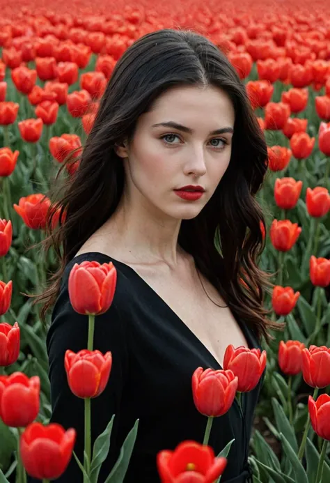 (Soft Lighting Photography by Mimoza Veliu and Mario Giacomelli:1.2), NSFW, A hyper-realistic portrait of a young woman with a pale complexion and delicate facial features, standing in a vast field of red tulips. She has long, straight, black hair cascading down her shoulders and back, slightly disheveled. Her eyes are large, almond-shaped, and have a striking light blue color with a slightly intense gaze. She has full lips with deep red lipstick, and her expression is neutral, almost melancholic. She is wearing a black high-necked top, which blends with her dark hair, creating a subtle contrast with her pale skin. The perspective is close-up, focusing on her face and upper body, with blurred red tulips in the foreground and background, adding depth. The sky above is clear with a subtle gradient of blue, without any clouds, enhancing the serene yet slightly moody atmosphere of the image.<lora:TWbabeXL01:0.6>