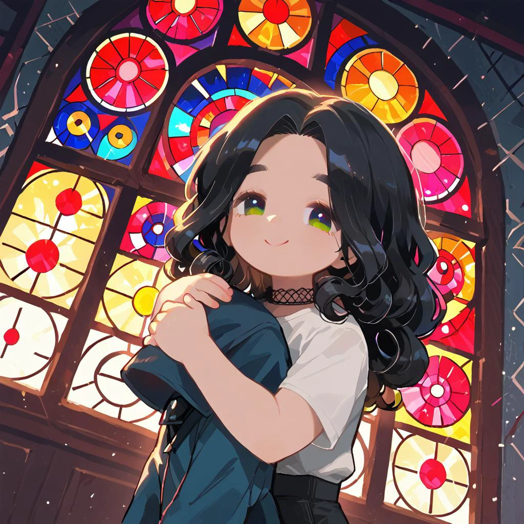 PonyScores7, source_anime, rating_safe, ah1, 1girl, (curly hair), long hair, (black hair), mature female, (parted hair:1.7), (round face:1.2), (no_bangs), (no_fringe), (thick eyebrows), (curvy), round-chin, (greenish hazel eyes), caucasian, (downturned eyes:1.2), (plump face), <lora:ETO_OCPonyXL:0.5> eto_oc, skindentation, (plump:1.2), thick thighs, wide hips, busty, voluptuous, kinky curls, lips, bad-hands-5, <lora:venus body PonyXL:0.6>, <lora:xl_more_art-full_v1:0.3>, <lora:shinyskin2:0.3> glistening skin, <lora:aesthetic_anime_v1s:0.3>, <lora:Expressive_H:0.3> Expressiveh, <lora:hairdetailpxl:0.3> hairdetailpxl, <lora:EpicF4nta5yXL:0.3>, <lora:detailxl:0.3> detailxl, <lora:Fant5yP0ny:0.3>, best quality, amazing quality, best aesthetic, absurdres, <lora:expressive eyes:0.3> expressive eyes, <lora:eyedetailpxl:0.3> eyedetailpxl, illustration, Volumetric_Lighting, ultra-detailed, very aesthetic, intricate details, 8k, masterpiece, best_quality, (Smiling face with smiling eyes and hugging hands), (Dutch Angle (from the side) view medium Close shot), (a man and woman overcoming cultural differences to be together), (A forsaken church with shattered stained glass windows, overturned pews, and a sense of malevolent presence), (mulberry vinyl bustier with lace trim, vinyl leggings with mesh panels, vinyl choker with padlock, vinyl knee-high boots), <lora:Eyes_High_Definition:0.3> EyesHD, looking at viewer, Stable_Yogis_PDXL_Positives, AS-Adult,