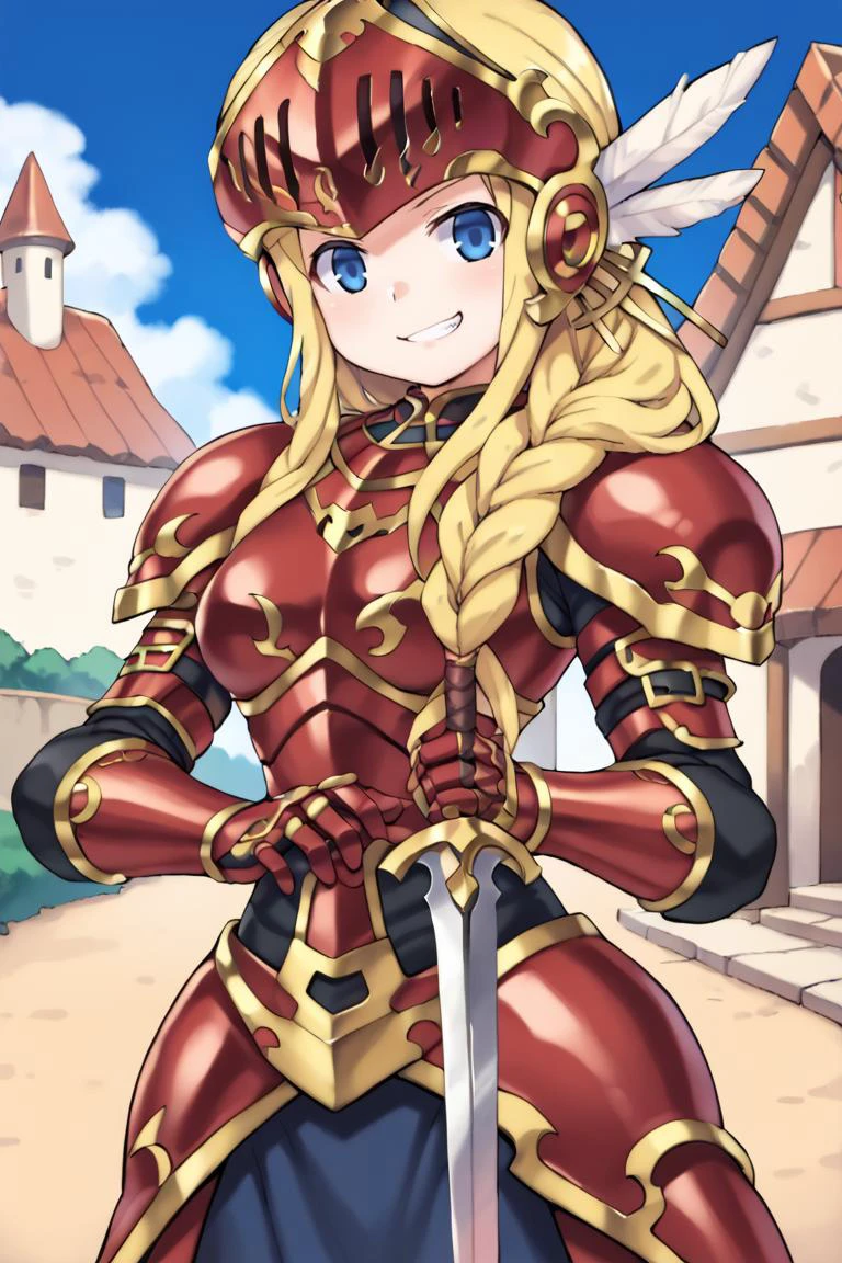 score_9, score_8_up, score_7_up, score_6_up, source anime, BREAK, <lora:One hand planted sword (pony) v1:1> , one-hand-hilt, hand on hilt, holding sword, planted sword, <lora:Aegina:0.7> , aegdef, 1girl, blonde hair, long hair, braid, blue eyes, valkyrie, visor (armor), winged helmet, armored dress, armor, looking at viewer, smug grin, <lora:zy_Detailed_Backgrounds_v1:0.2> , detailed background, highly detailed, exterior, village, scenery, (castle), <lora:rm0g3r4XLP:0.35> , rm0g3r4,