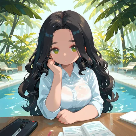 PonyScores7, source_anime, rating_safe, ah1, 1girl, (curly hair), long hair, (black hair), mature female, (parted hair:1.7), (round face:1.2), (no_bangs), (no_fringe), (thick eyebrows), (curvy), round-chin, (greenish hazel eyes), caucasian, (downturned eyes:1.2), (plump face), <lora:ETO_OCPonyXL:0.5> eto_oc, skindentation, (plump:1.2), thick thighs, wide hips, busty, voluptuous, kinky curls, lips, bad-hands-5, <lora:venus body PonyXL:0.6>, <lora:xl_more_art-full_v1:0.3>, <lora:shinyskin2:0.3> glistening skin, <lora:aesthetic_anime_v1s:0.3>, <lora:Expressive_H:0.3> Expressiveh, <lora:hairdetailpxl:0.3> hairdetailpxl, <lora:EpicF4nta5yXL:0.3>, <lora:detailxl:0.3> detailxl, <lora:Fant5yP0ny:0.3>, best quality, amazing quality, best aesthetic, absurdres, <lora:expressive eyes:0.3> expressive eyes, <lora:eyedetailpxl:0.3> eyedetailpxl, illustration, Volumetric_Lighting, ultra-detailed, very aesthetic, intricate details, 8k, masterpiece, best_quality, (Melancholic, Deeply thoughtful and slightly sad), (Through an over-the-shoulder perspective, providing context and depth), (Diving into the Pool of Eternity), (A lush, tropical island with dense vegetation, colorful birds flitting through the trees, and the distant sound of the ocean), (olivine reserved office worker, always seen typing at their desk a faint sound of keyboard clicks surrounding them), <lora:Eyes_High_Definition:0.3> EyesHD, looking at viewer, Stable_Yogis_PDXL_Positives, AS-Adult,