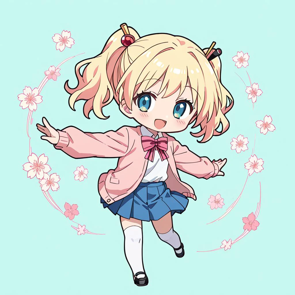 texture score_9, score_8_up, score_7_up, source_anime, rating_safe, 1girl, (simple background:1.2), (chibi:1.5), alice cartelet, solo, hair ornament, white collared shirt, cardigan, open cardigan, striped bow, blue pleated skirt, white thighhighs, mary janes, full body, smile, happy, (dancing:1.5), cherry blossom, top down close-up, <lora:Pony\char\alice_cartelet-pony-v1.safetensors:0.6:0.6>