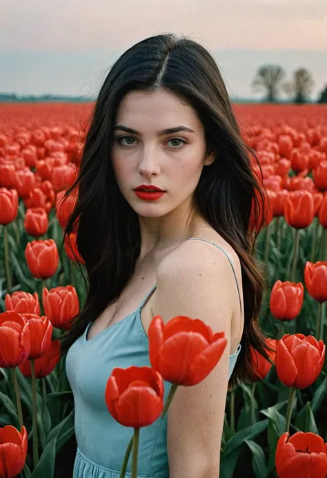 (Soft Lighting Photography by Mimoza Veliu and Mario Giacomelli:1.2), NSFW, A hyper-realistic portrait of a young woman with a pale complexion and delicate facial features, standing in a vast field of red tulips. She has long, straight, black hair cascading down her shoulders and back, slightly disheveled. Her eyes are large, almond-shaped, and have a striking light blue color with a slightly intense gaze. She has full lips with deep red lipstick, and her expression is neutral, almost melancholic. She is wearing a black high-necked top, which blends with her dark hair, creating a subtle contrast with her pale skin. The perspective is close-up, focusing on her face and upper body, with blurred red tulips in the foreground and background, adding depth. The sky above is clear with a subtle gradient of blue, without any clouds, enhancing the serene yet slightly moody atmosphere of the image.<lora:TWbabeXL01:0.6>