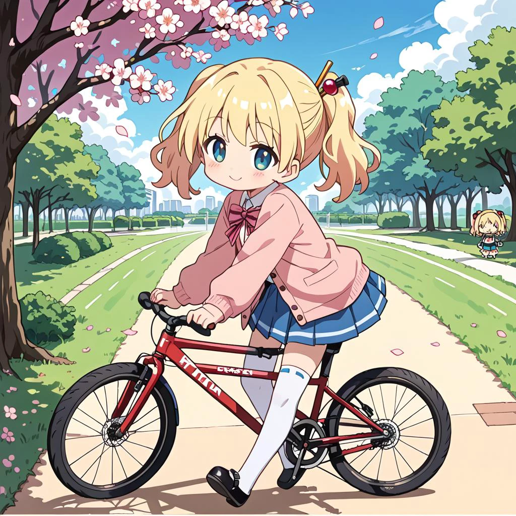 texture score_9, score_8_up, score_7_up, source_anime, rating_safe, 1girl, simple background, (chibi:1.5),  alice cartelet, solo, hair ornament, white collared shirt, cardigan, open cardigan, striped bow, blue pleated skirt, white thighhighs, mary janes, full body, smile, happy, closed mouth, driving bicycle, riding bicycle, park, sakura tree, cherry blossom, side view top down close-up, <lora:Pony\char\alice_cartelet-pony-v1.safetensors:0.6:0.6>