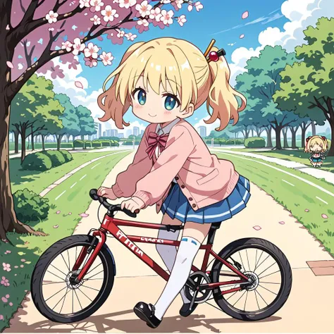 texture score_9, score_8_up, score_7_up, source_anime, rating_safe, 1girl, simple background, (chibi:1.5), alice cartelet, solo, hair ornament, white collared shirt, cardigan, open cardigan, striped bow, blue pleated skirt, white thighhighs, mary janes, full body, smile, happy, closed mouth, driving bicycle, riding bicycle, park, sakura tree, cherry blossom, side view top down close-up, <lora:Pony\char\alice_cartelet-pony-v1.safetensors:0.6:0.6>