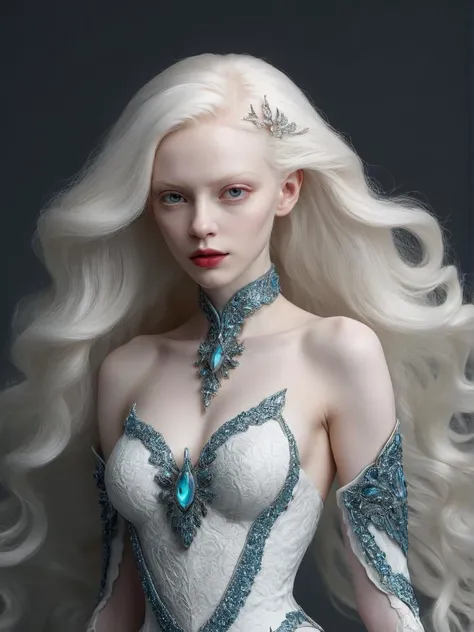 (Fragile Photo:1.3) of (Illustration:1.3),(Hopeless:1.3) Rhodamine Red, swirling, Fantasy aesthetics,, (albino:1.3) (nymph:1.3), (albinism:1.4), mischievous quarter-elf woman, full body, wearing an intricately adorned dress, mysterious smile, symmetrical Face, (narrow face:1.5), Noticeable Jaw, high Cheekbones, Straight black Eyebrows, Majestic Aquiline narrow Nose, Full Lips, (long white hair:1.3), (porcelain white skin:1.9), serene, haughty,withdrawn,pale lips, (dynamic composition:1.2), (shallow depth of field:1.2), bright lighting, vibrant,, fantasy, horror, elegant, masterpiece, intricate details, dynamic range, (skin texture style, detailed skin pore, detailed skin, realistic skin),soft-hued colors <lora:skin tone style v4:1>,(by Artist Anna Dittman:1.3),Highly Detailed,(Serial Art:1.3),(Electric Colors:1.3)