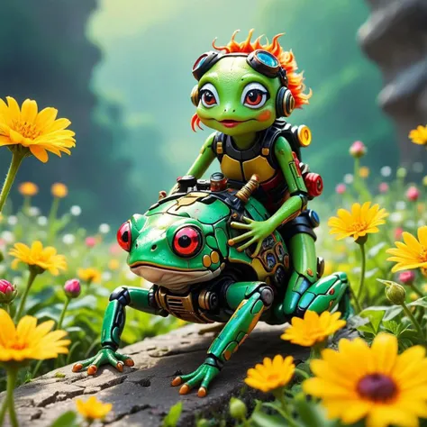 tilt-shift photo of . selective focus, close up, miniature effect, blurred background, highly detailed, vibrant, perspective control, natural Tilt Shot (by Gustav Klimt, (masterful and beautiful:1.4), female frog with gas mask riding on a big hornet holding a bunch of flowers, red lips, hyper detailed, expressive, award winning, (intricate details, masterpiece, best quality:1.4)