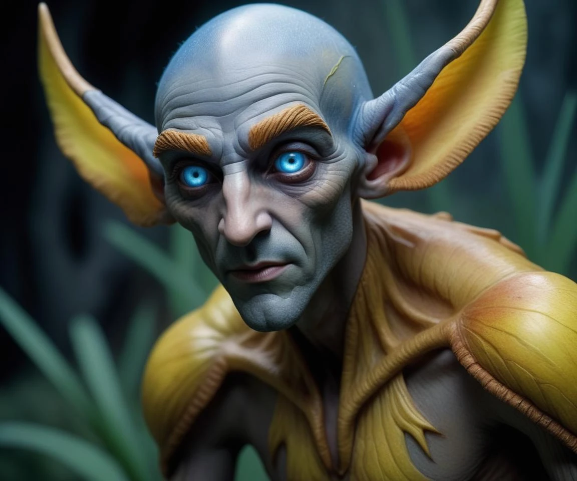 The creature was two times the height of a man and had a shape resembling a man, but with some differences. His skin was transparent like glass, and glowing blue veins could be seen through it. His hair consisted of fluorescent clouds that constantly moved and changed shape, giving the impression that the hair was alive.
He was dressed in something that could be described as âunearthly". His clothes were made of a material that was unlike anything we know on Earth. This material was soft and flexible, but at the same time very durable. It was painted in bright colors that changed depending on the lighting and the angle of view.
The creature's face was beautiful and expressive. The eyes were large and round, with a bright yellow iris and black pupils. The nose was small and slightly turned up, and the lips were full and red. The ears were long and pointed, like those of elves.
His hands were long and thin, with long fingers and sharp nails. On the fingers were rings made of different metals and stones that glowed in different colors.