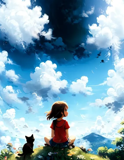 A anime, little girl sitting on the hill looking at sky, with her hair blowing in clear day, (with cat), (blue sky:1.25), sideway glance, young girl, cloud, endless sea, noon, summer, floating hair, cumulus clouds, forest, tree, face focus, cute
<lora:xl_more_art-full_v1:1.4>, detailed photo, wide angle shot, realistic, 8k uhd, high quality