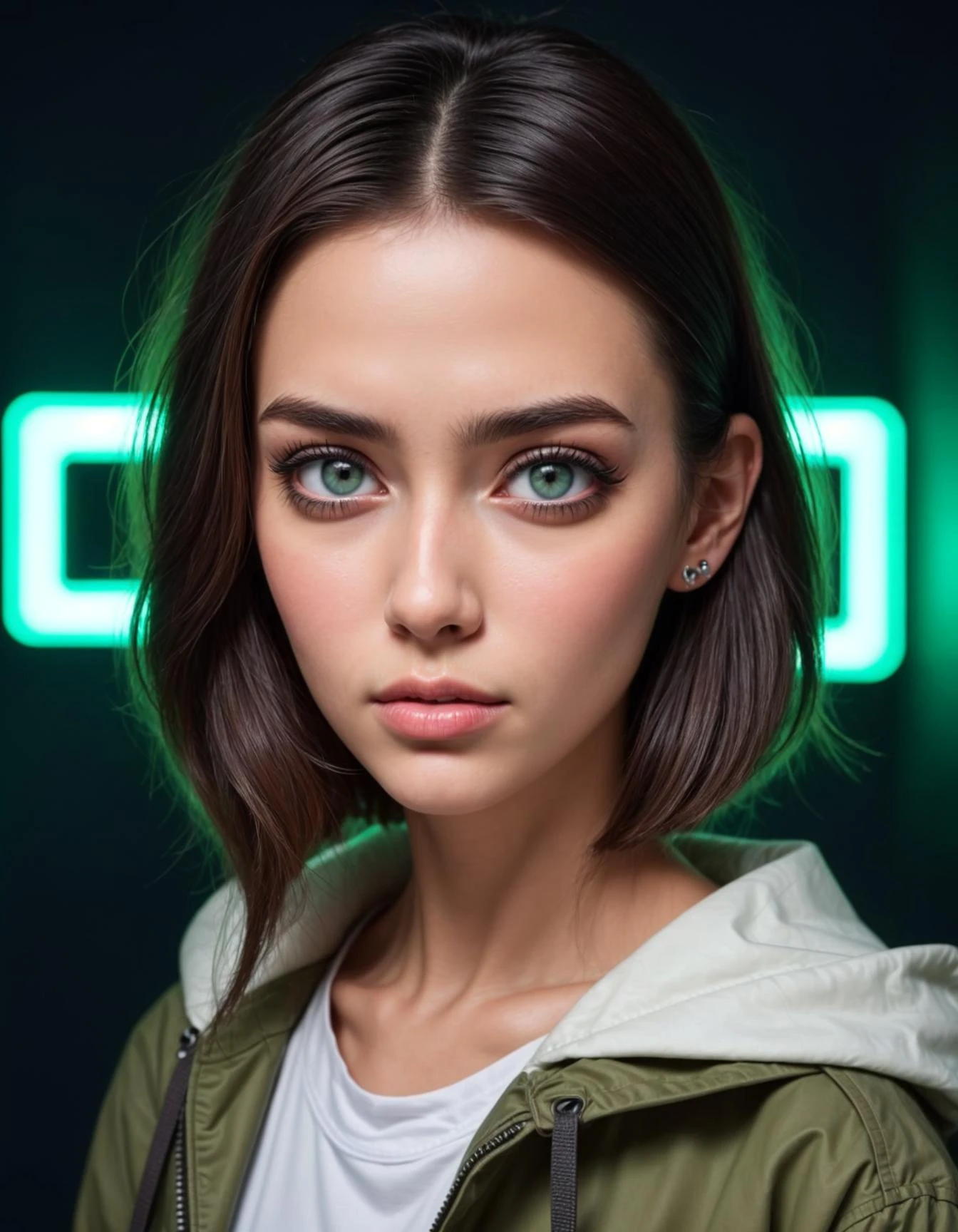 large format analog photo (eye level) of (mother of 3 children|European college 1girl|noble punk girl|fashion supermodel|rockstar girl|last woman on earth|nurse|gothic girl|celebrity girl|cyberfunk girl:1.3), (fit:1.3), (blue|green|brown eyes), (a simple dark background, minimalism background interior:1.5), (industrial interior:1.5), (concrete walls), (extremely detailed), (intricate detail), (neon lighting:1.3), (neonlights), ((swollen eyes, full eyelashes, pinky teint)), ((casual college style)),