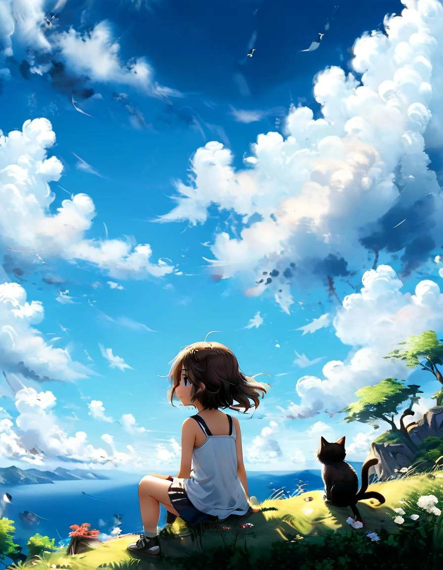 A anime, girl sitting on the hill looking at sky, with her hair blowing in clear day, (with cat), (blue sky:1.25), sideway glance, young girl, cloud, endless sea, noon, summer, floating hair, cumulus clouds, forest, tree, face focus, cute
<lora:xl_more_art-full_v1:1.4>, detailed photo, wide angle shot, realistic, 8k uhd, high quality